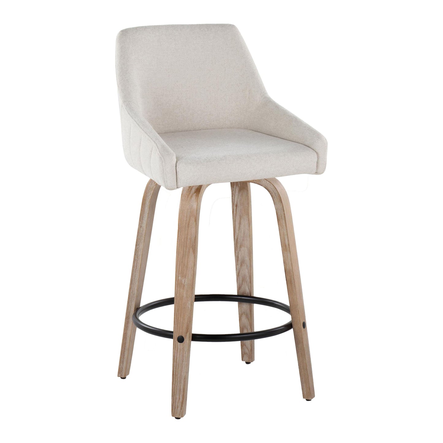 The Hannah Transitional Fixed Height Counter Stool (Set of 2) features a swivel light beige cushioned seat, low backrest, wooden legs, and a round black metal footrest for modern style and comfort.