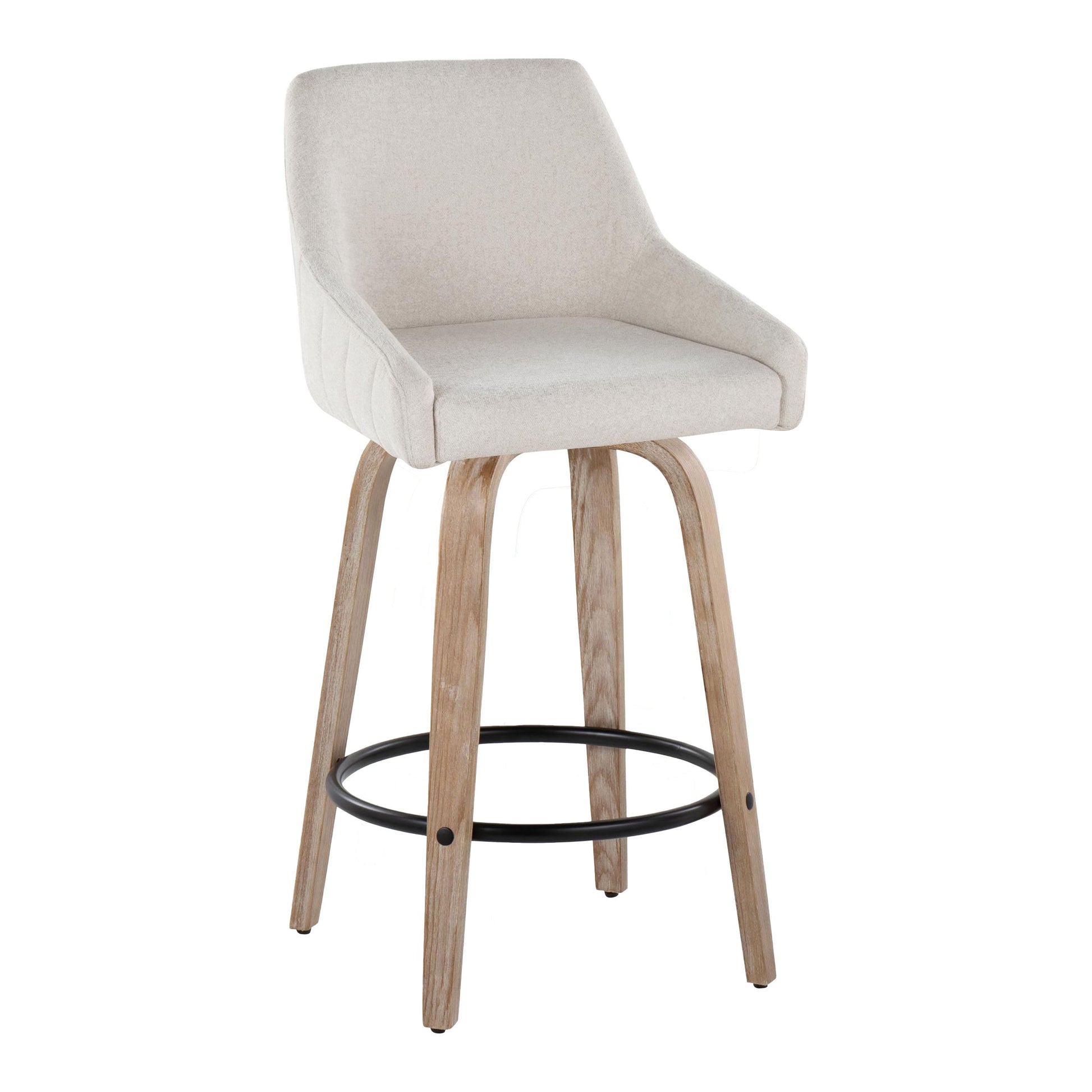 The Hannah Transitional Fixed Height Counter Stool (Set of 2) features a swivel light beige cushioned seat, low backrest, wooden legs, and a round black metal footrest for modern style and comfort.