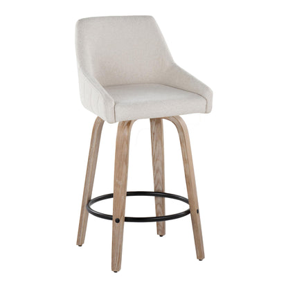 The Hannah Transitional Fixed Height Counter Stool (Set of 2) features a swivel light beige cushioned seat, low backrest, wooden legs, and a round black metal footrest for modern style and comfort.