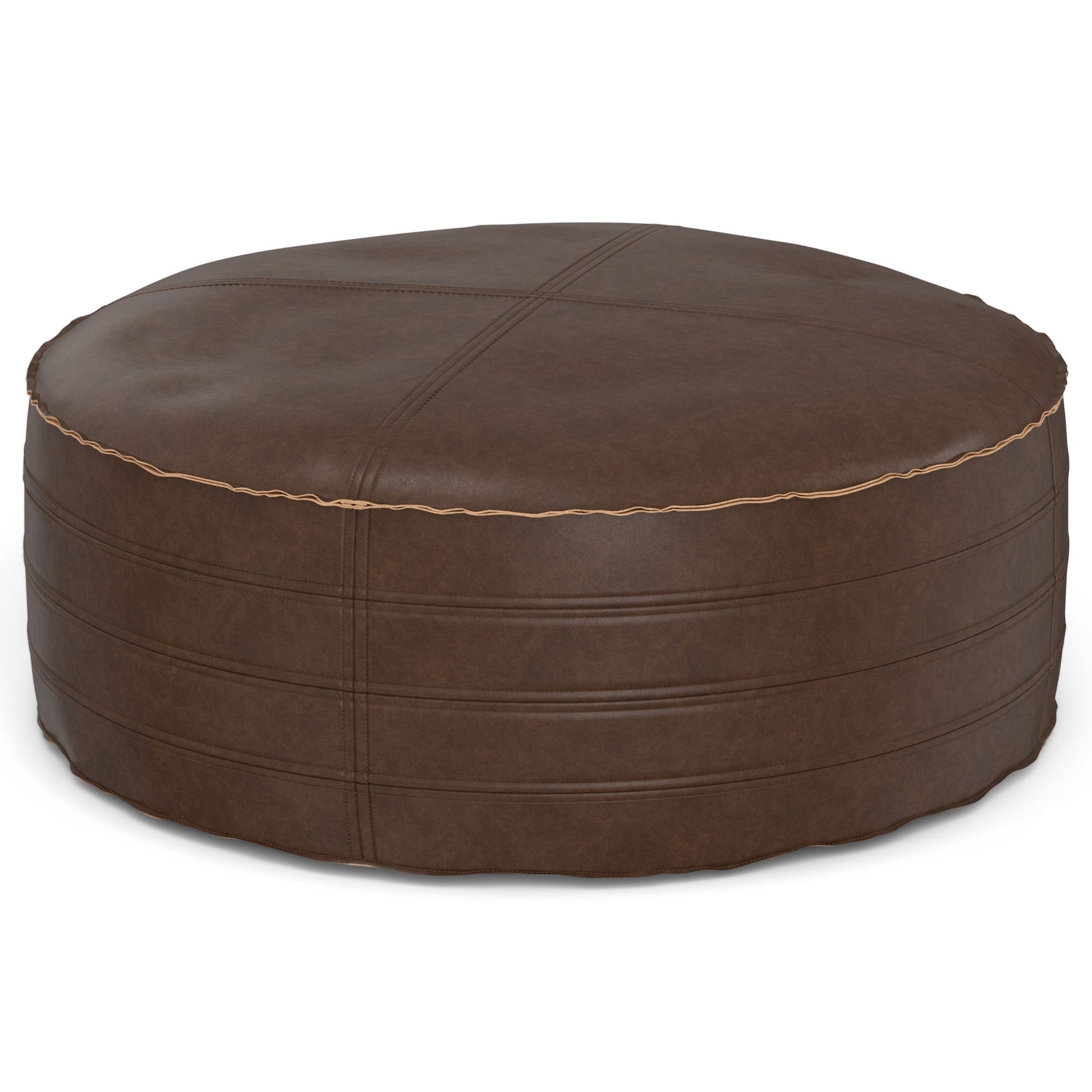 The Brody Round Pouf is a brown leather ottoman featuring visible stitching and subtle horizontal lines around its sides, displayed on a white background.