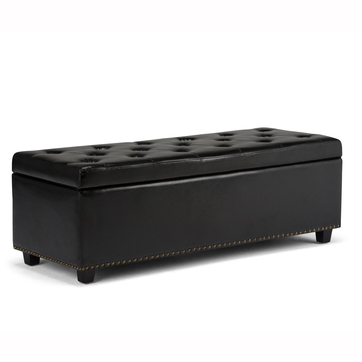 The Hamilton Upholstered Storage Ottoman features a rectangular black leather design with a tufted top, low wooden legs, and brass nailhead trim along the bottom edge.