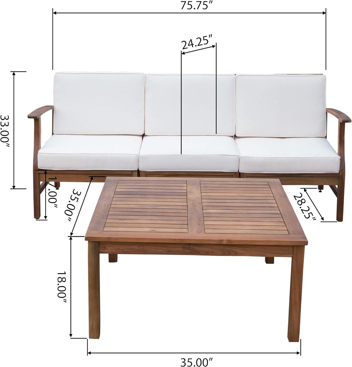 The Perla 3 Seater Sofa and Table Set features a wooden sofa with white cushions (75.75"W x 33"H x 35"D, seat height 17", seat back height 24.25") and a matching wooden coffee table (35" square, 18"H)—ideal for outdoors.