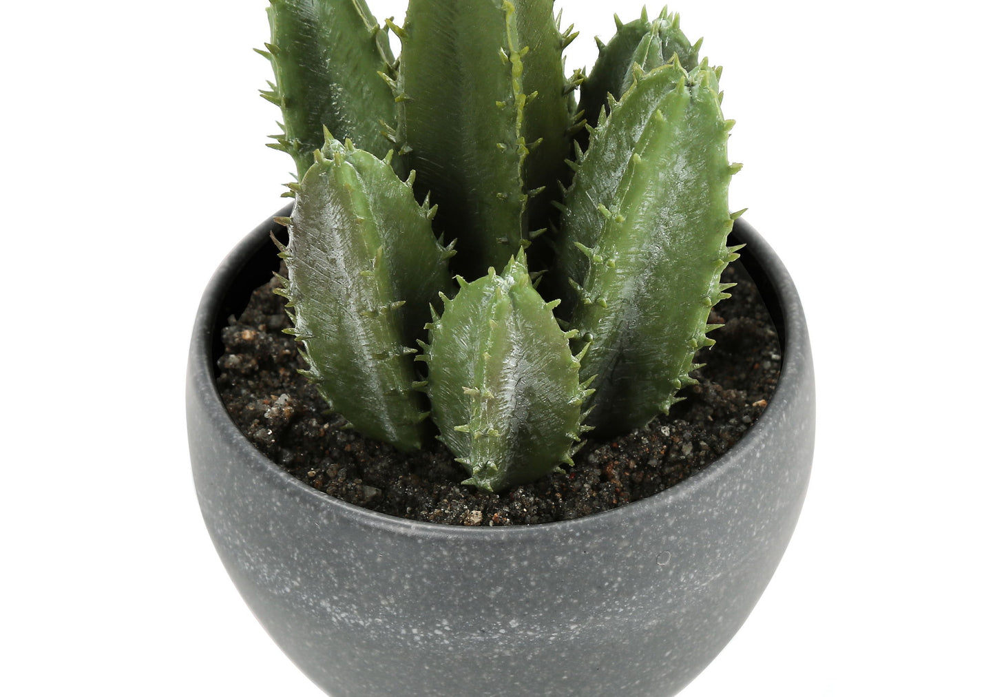 A close-up of a 6" tall artificial green succulent in dark soil, displayed in a round gray ceramic pot. Sold as a set of 3, these faux decorative indoor plants add vibrant greenery to any table setting against a white background.