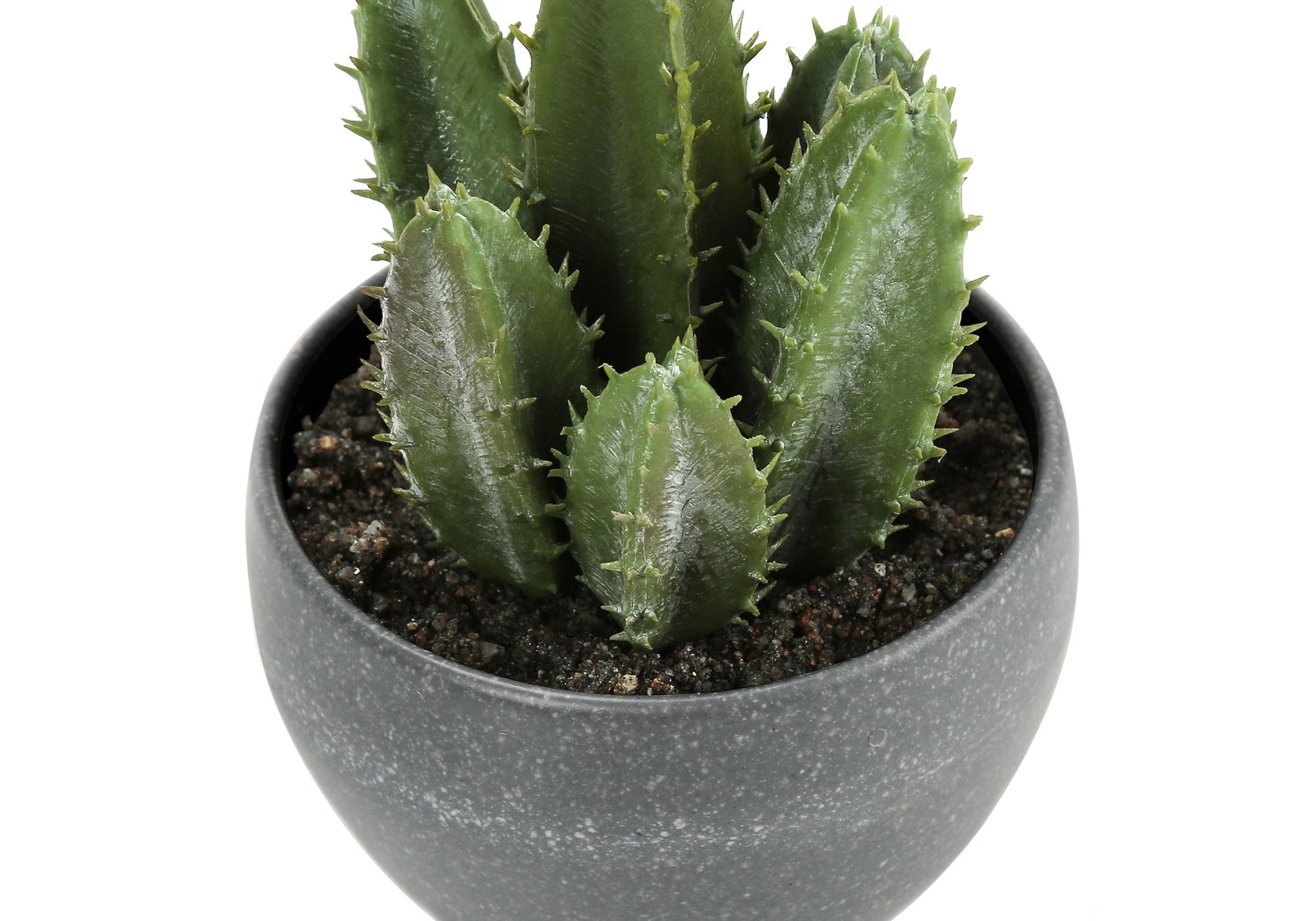 A close-up of a 6" tall artificial green succulent in dark soil, displayed in a round gray ceramic pot. Sold as a set of 3, these faux decorative indoor plants add vibrant greenery to any table setting against a white background.