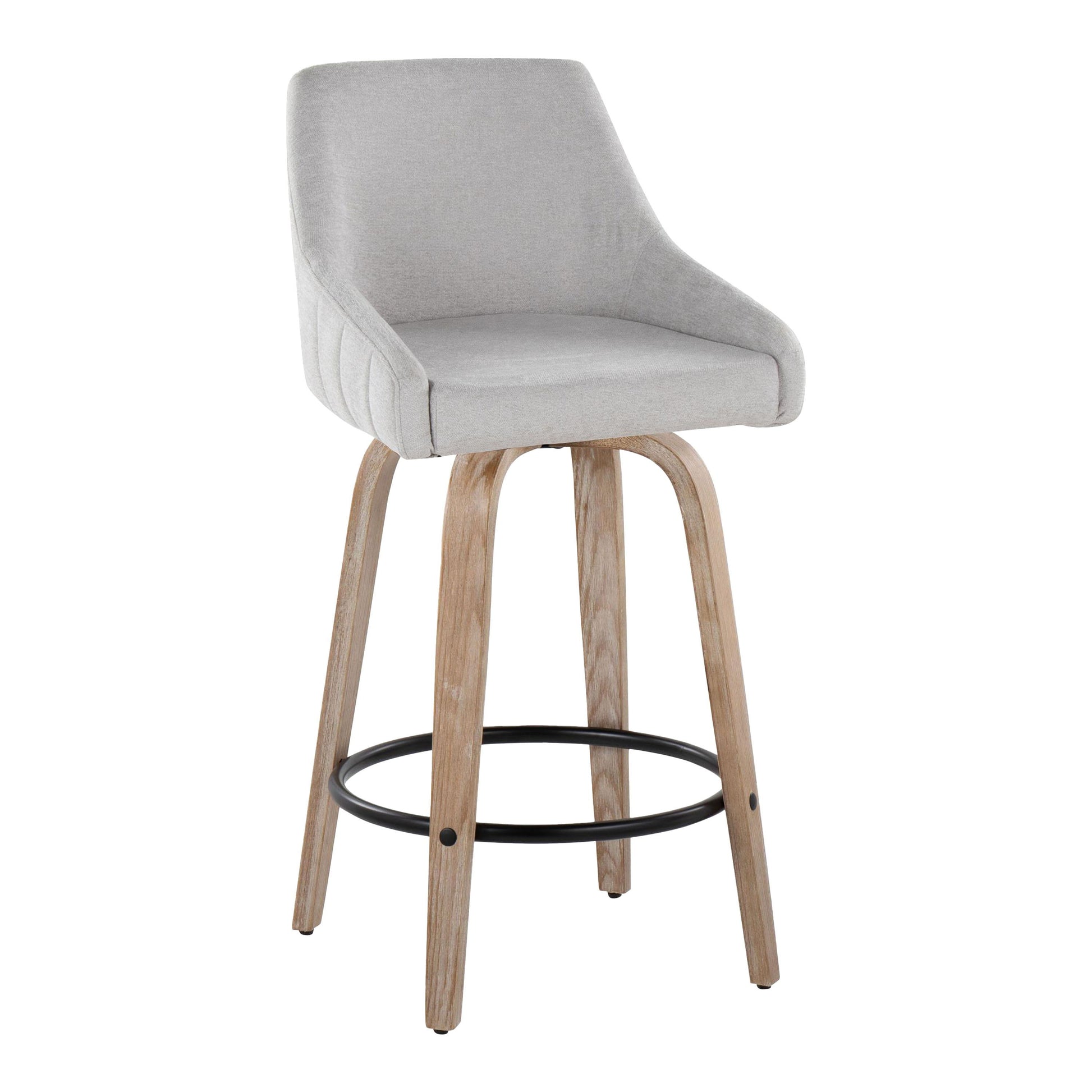The Hannah Transitional Fixed Height Counter Stool features a swivel function, light gray upholstered seat and backrest, four light wood legs, and a round black metal footrest. Sold as a set of 2.