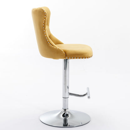 Side view of the Swivel Velvet Barstool—modern yellow tufted upholstery, curved back, chrome pedestal base and footrest, adjustable seat height (25–33"), perfect for home, pub, or kitchen island.
