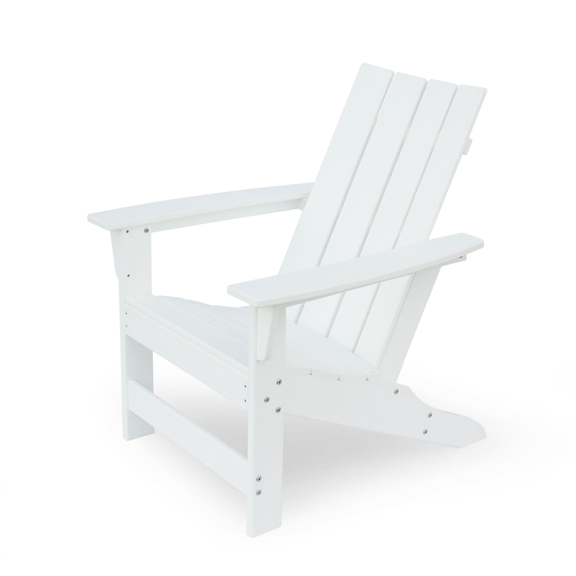 The Enigmara Outdoor High Density Resin Adirondack Chair features wide armrests and a slatted, angled backrest, shown here in white against a plain background.