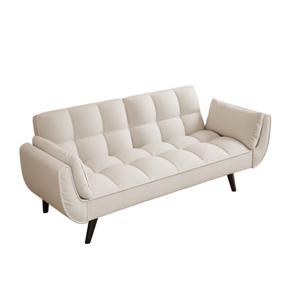 The Sofa Soft features two armrests, a throw pillow, and comfortable fit—ideal for apartments or small bedrooms. Shown in beige with tufted upholstery and angled black legs on a white background.