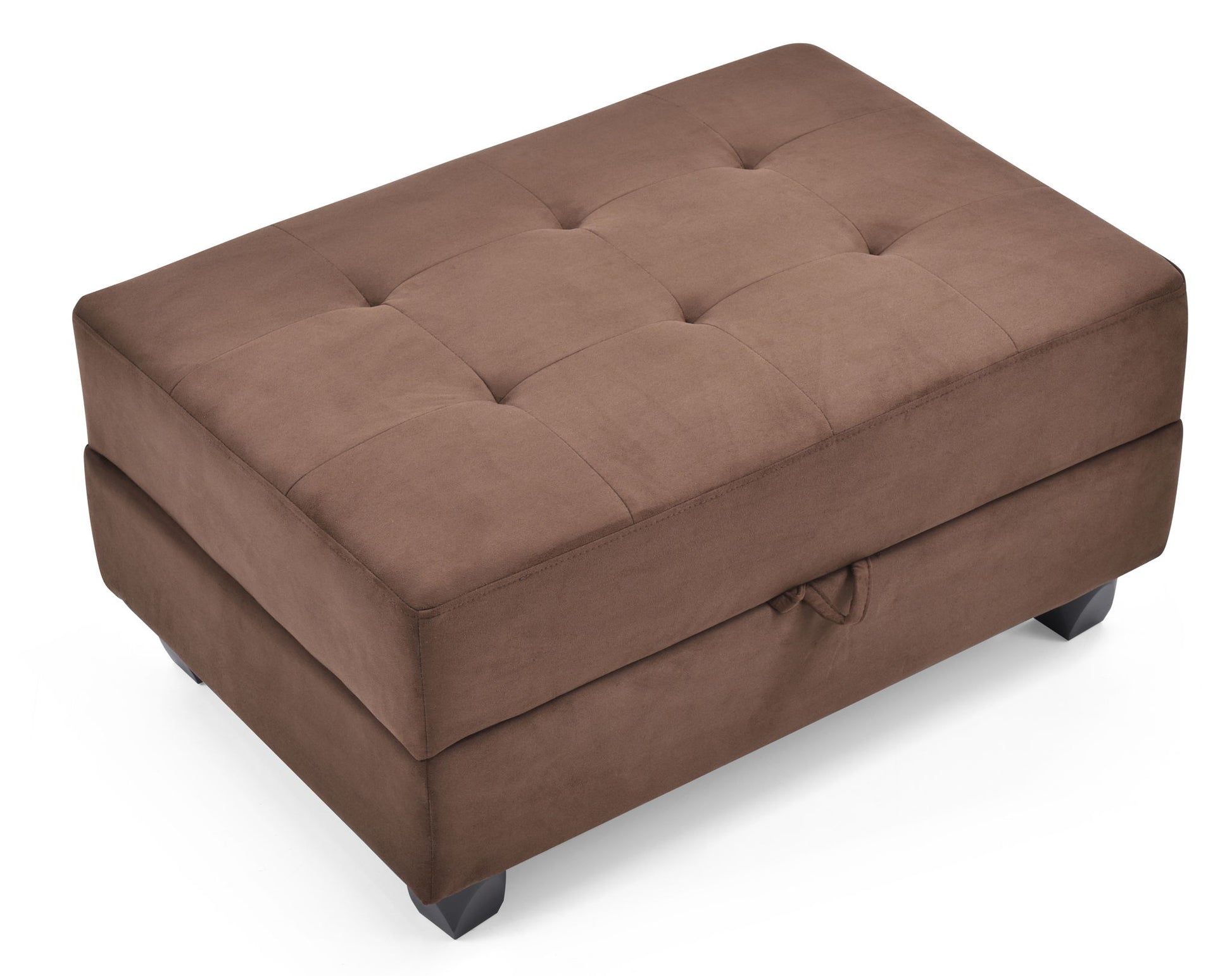 The Stylish Storage Contemporary Ottoman is a rectangular brown upholstered piece featuring tufted detailing on top, short dark wooden legs, and a subtle pull handle on the side, shown against a white background.