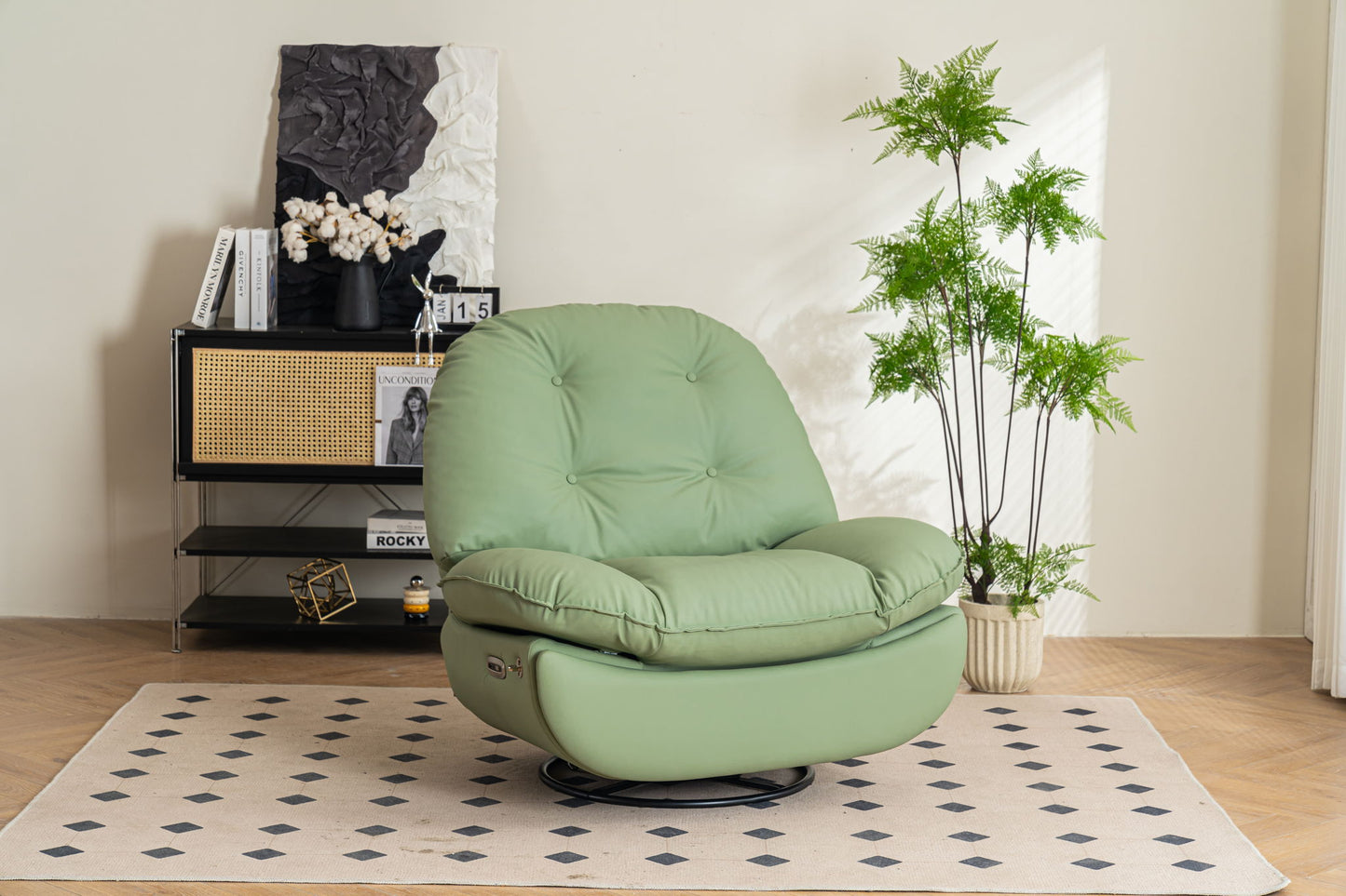 A Power Recliner Swivel Glider with USB Charger and Bluetooth Music Player is placed on a patterned rug in a cozy room, complemented by a potted plant, black shelf, and decorative art pieces in the background.