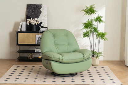 A Power Recliner Swivel Glider with USB Charger and Bluetooth Music Player is placed on a patterned rug in a cozy room, complemented by a potted plant, black shelf, and decorative art pieces in the background.