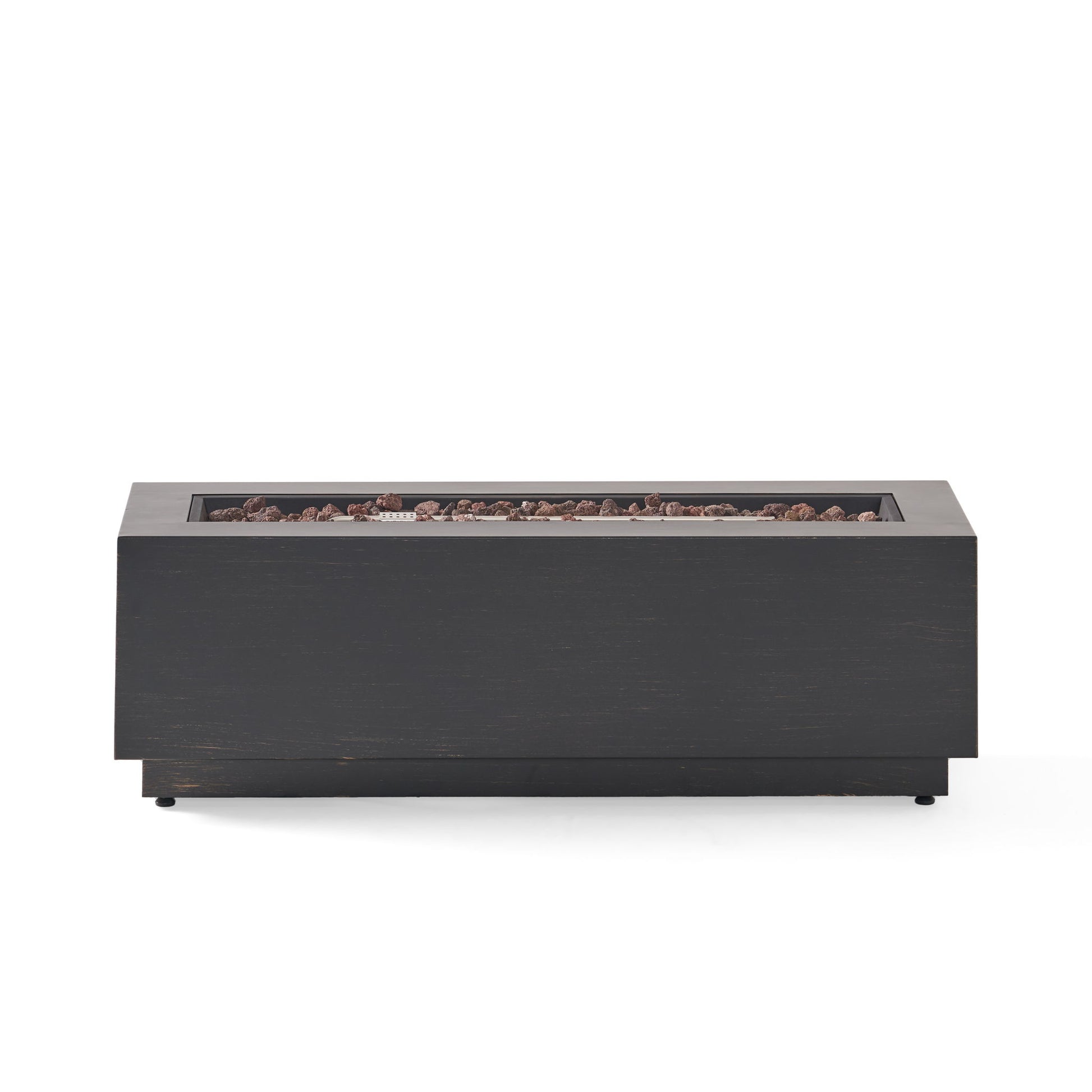Modern Rectangular Iron Fire Pit 50,000 Btu in sleek black with a minimalist design, featuring a stone-filled top and shown against a plain white background.