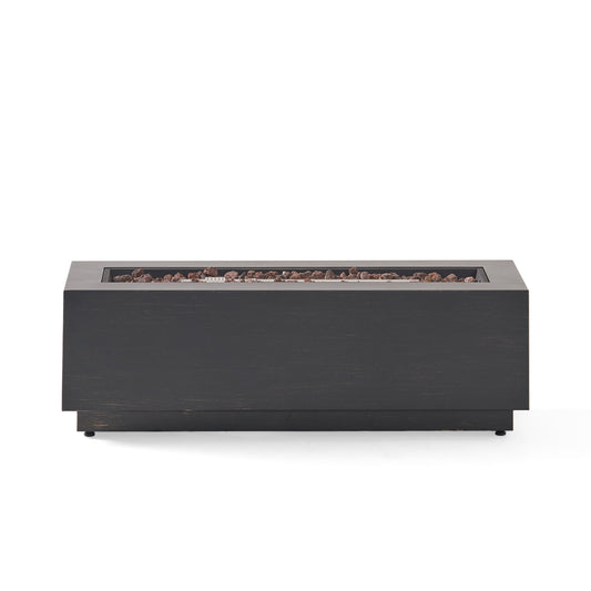Modern Rectangular Iron Fire Pit 50,000 Btu in sleek black with a minimalist design, featuring a stone-filled top and shown against a plain white background.