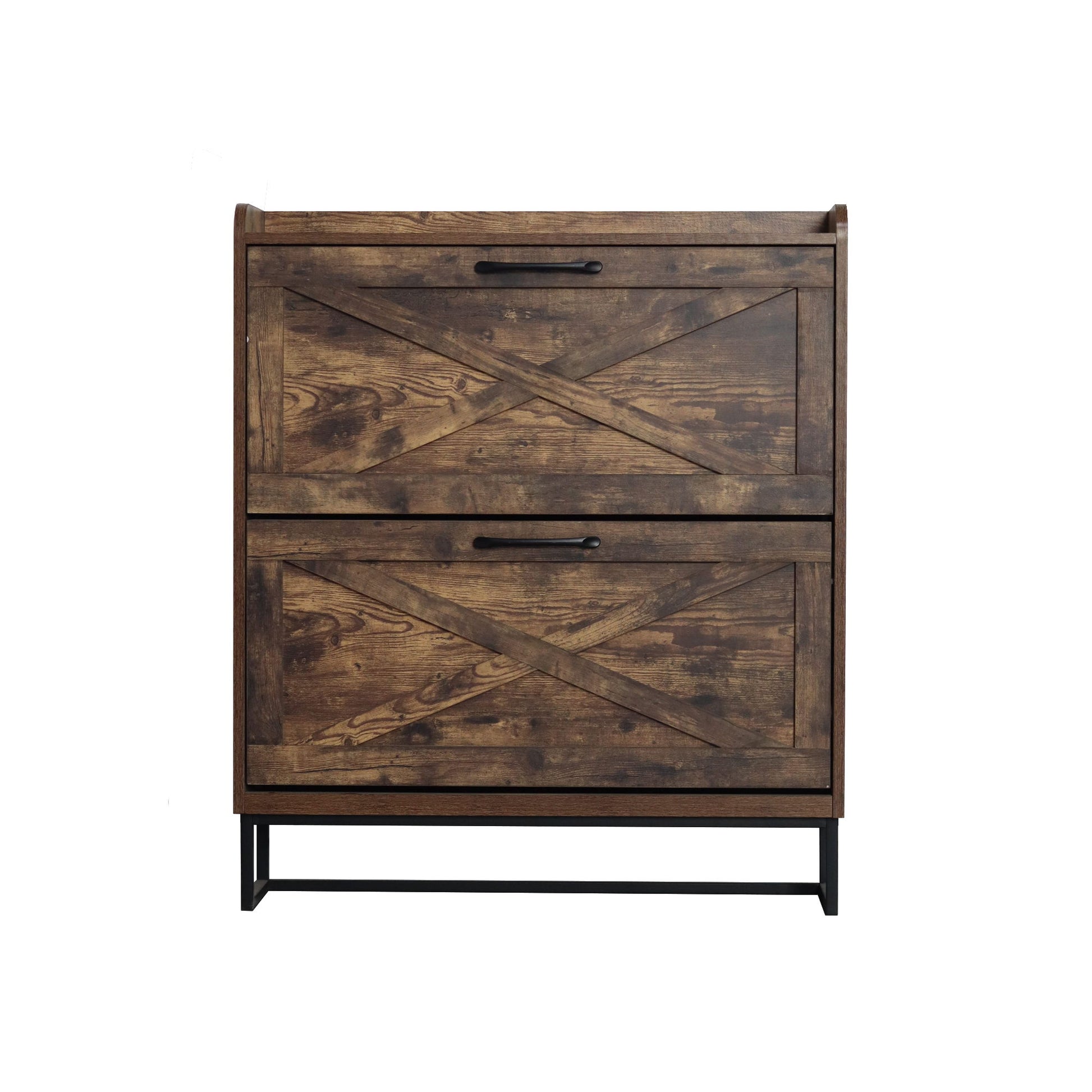 The Shoe Storage Cabinet With 2 Flip Drawers, featuring rustic brown panels with X-shaped accents, dark metal handles, and sturdy black metal legs, is a freestanding organizer perfect for narrow entryways. Set against a white background.
