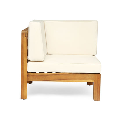 The Oana 2 Piece Loveseat Set features water-resistant light beige seat and back cushions on a modern, minimalist wooden frame, displayed against a white background.