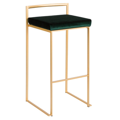 The Fuji barstool features a gold metal frame, rectangular backrest, and thick dark green velvet seat cushion. Its contemporary, glam design is minimalist with clean lines and quality construction.