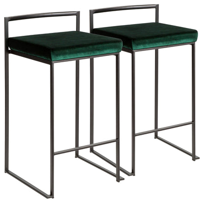 The Fuji Contemporary Style Stackable Counter Stool features a sleek black metal frame, square dark green velvet cushion, minimalist backrest, angular legs, and a convenient footrest bar.