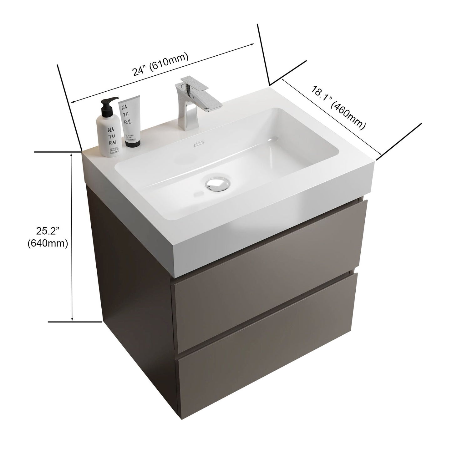 The Alice Bathroom Vanity features a modern, wall-mounted design with a white rectangular one-piece sink (no drain/faucet), gray base, and large storage. Dimensions: 24"W x 18.1"D x 25.2"H, perfect for contemporary bathrooms.