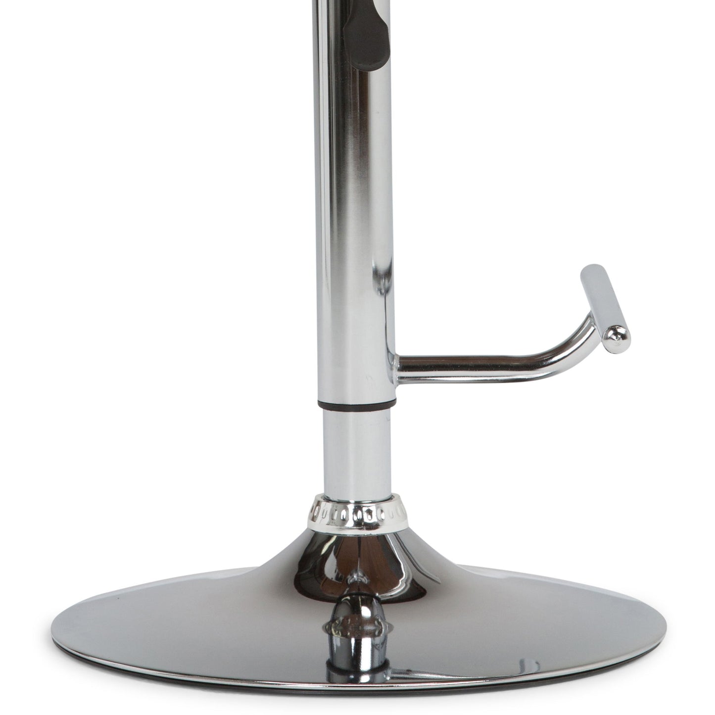 Close-up of the chrome base and footrest on the Marana Multifunctional Handcrafted Bentwood Adjustable Swivel Bar Stool, showcasing its shiny, reflective finish and stable circular flat base.
