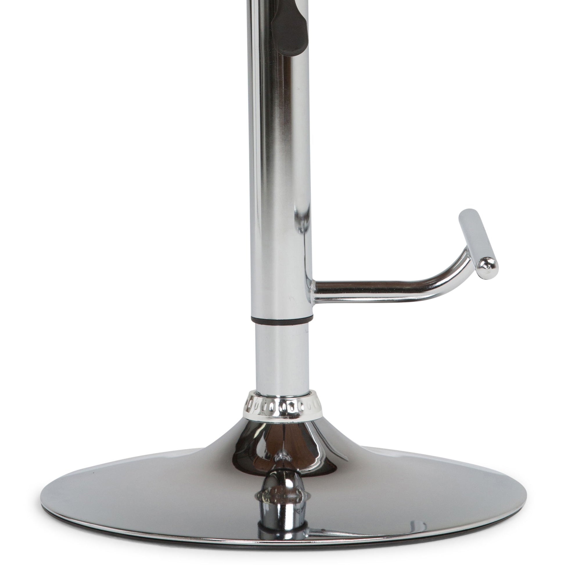 Close-up of the chrome base and footrest on the Marana Multifunctional Handcrafted Bentwood Adjustable Swivel Bar Stool, showcasing its shiny, reflective finish and stable circular flat base.