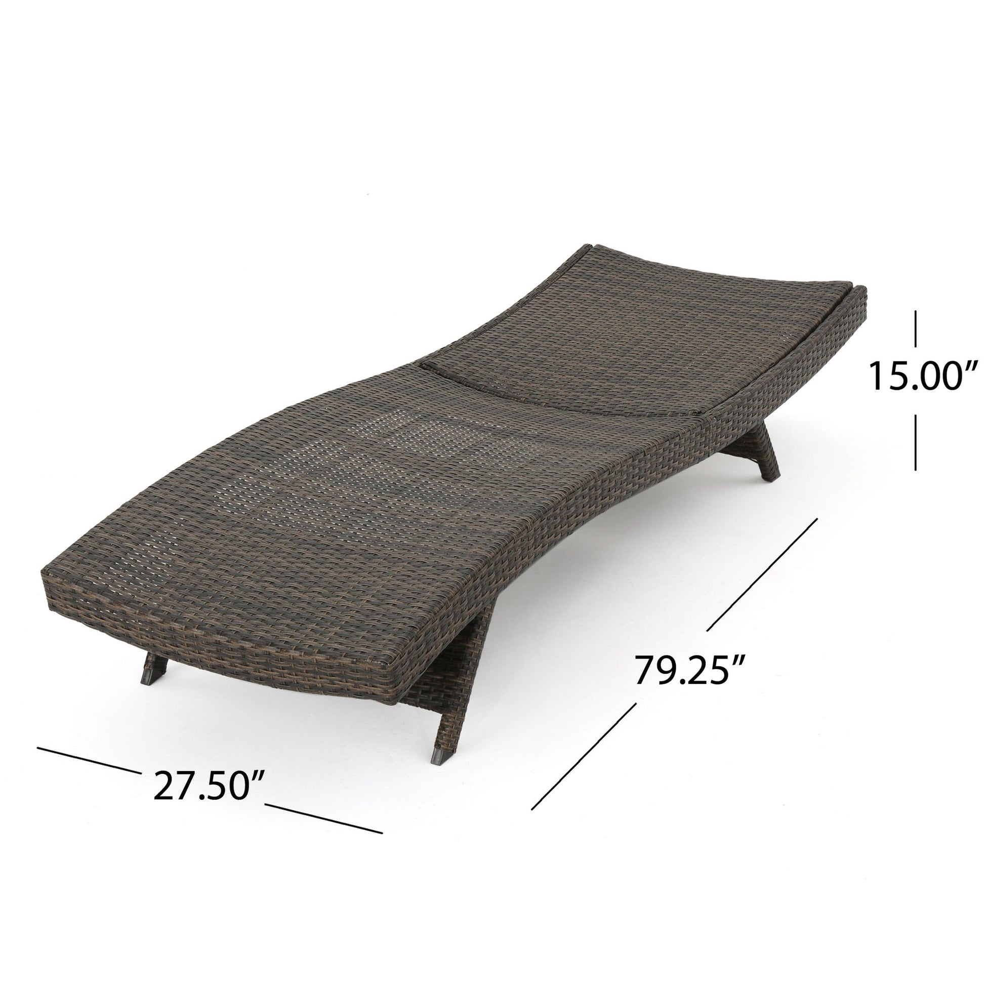 The Salem - Chaise Lounge is a brown wicker outdoor chair with a curved design, measuring 79.25" L x 27.5" W x 15" H, shown on a white background with measurement lines.