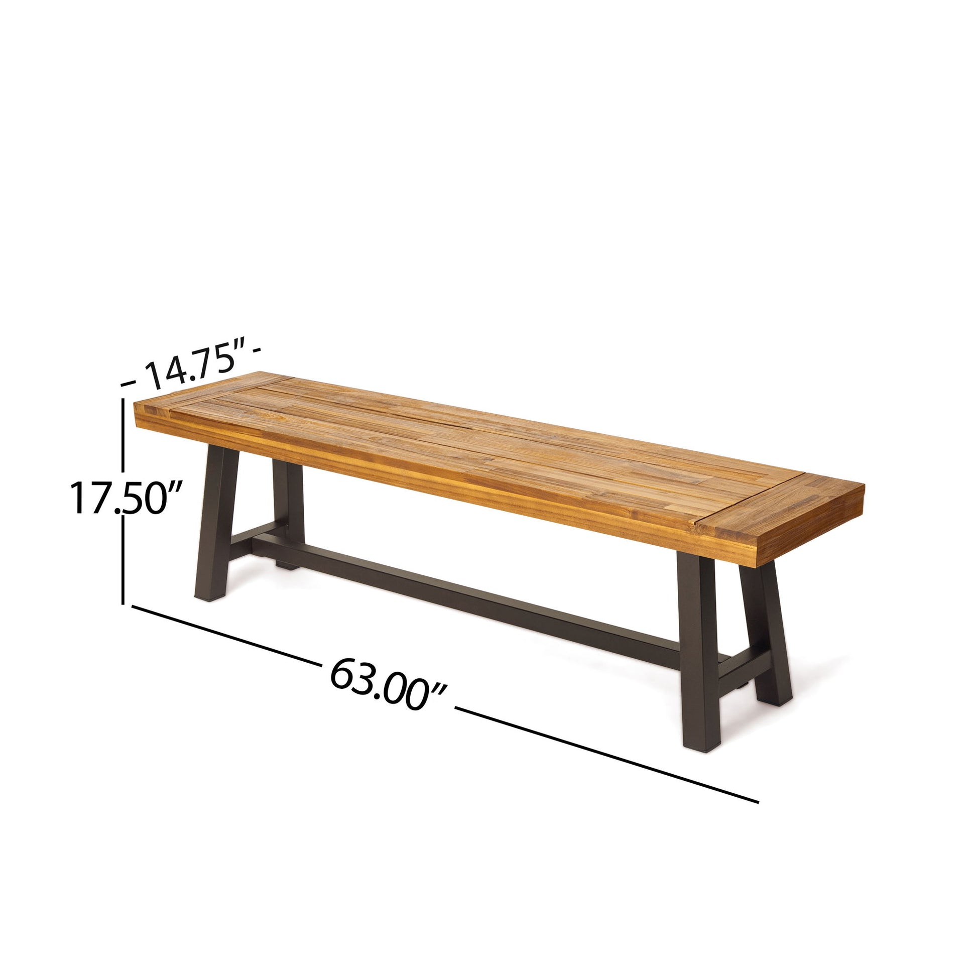The Tranquilizer Outdoor Acacia Wood Bench with slat panel design features black metal legs and measures 63"L x 14.75"D x 17.5"H, shown on a white background with dimensions labeled.