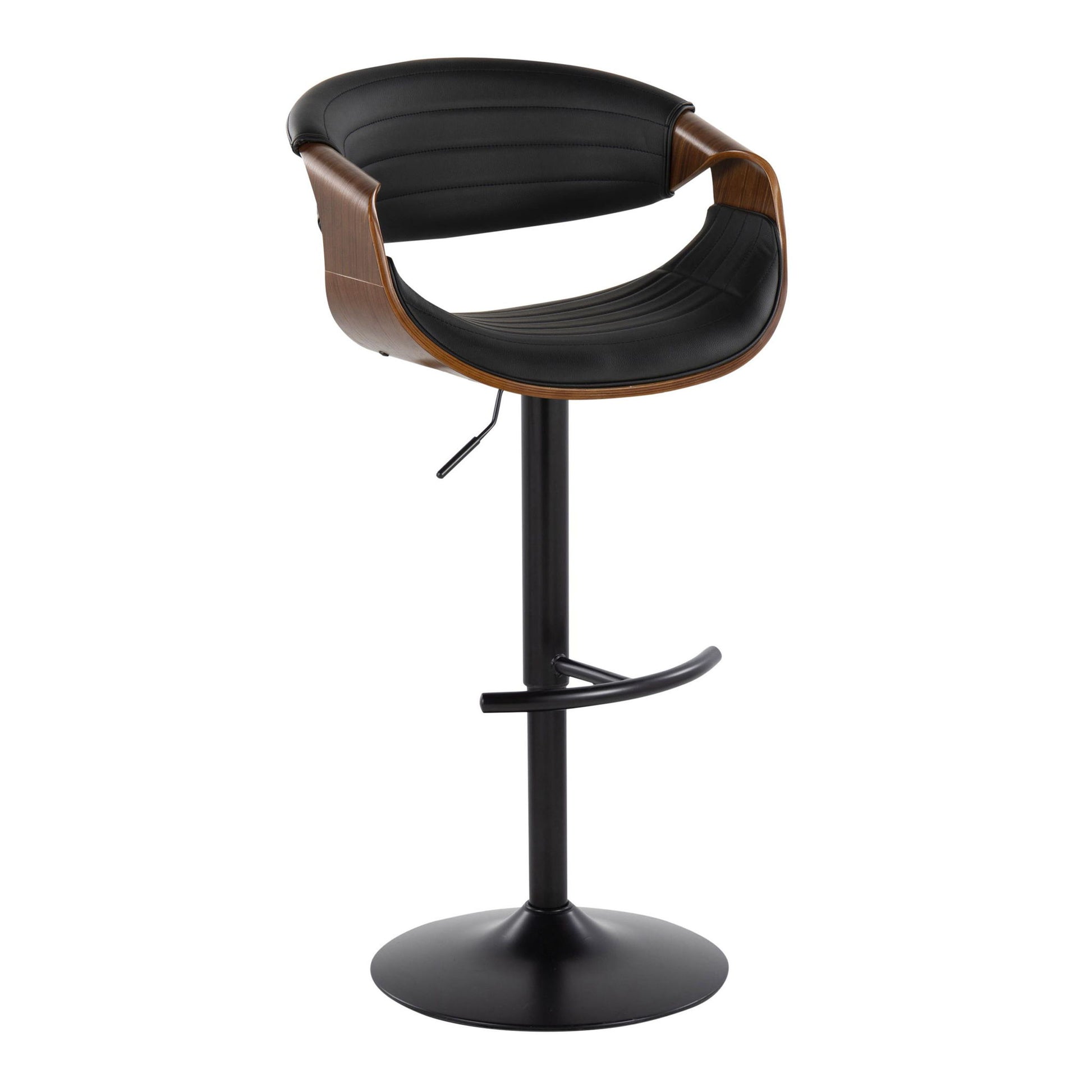 The Symphony Mid-Century Modern Adjustable Barstool (Set of 2) features a black cushioned seat, walnut curved backrest, swivel function, metal pedestal base, and rounded T footrest with adjustable height lever. Color: Black/Walnut/Black.