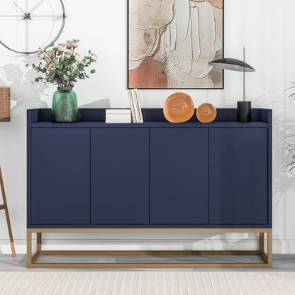 The Modern Sideboard Elegant Buffet Cabinet With Large Storage Space For Dining Room, Entryway features a blue finish with a gold base, styled with books, flowers in a green vase, an abstract painting, orange glass spheres, and a black lamp. A round clock is on the left.
