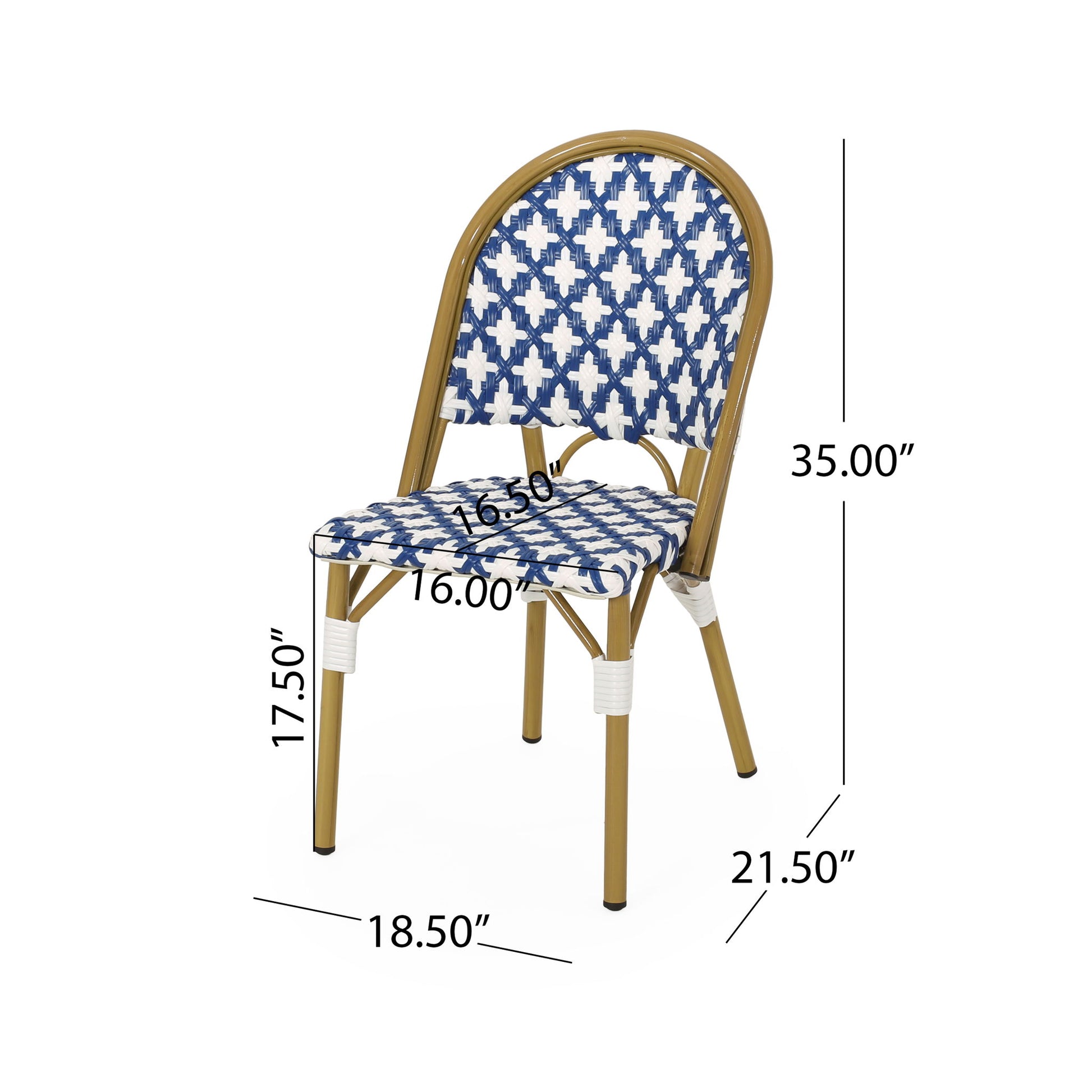 The Chic French Bistro Chair features a blue and white geometric woven seat, arched back, tan rattan and aluminum frame, white accents, and measures 35" H x 18.5" D x 16" W (seat) x 17.5" seat height x 21.5" footprint depth.