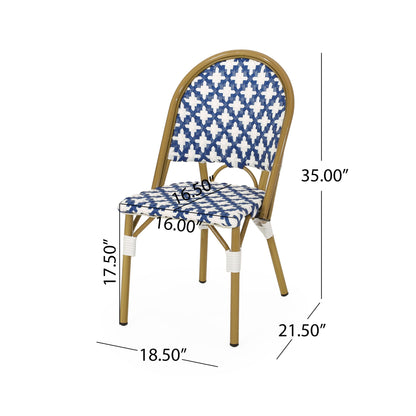 The Chic French Bistro Chair features a blue and white geometric woven seat, arched back, tan rattan and aluminum frame, white accents, and measures 35" H x 18.5" D x 16" W (seat) x 17.5" seat height x 21.5" footprint depth.