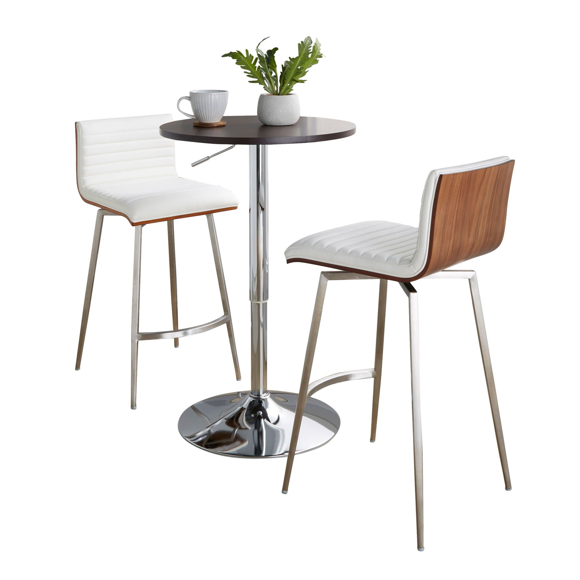 The Mason 3 Piece Swivel Mid Century Modern Counter Height Dining Set features a round dark wood table, two white cushioned bar stools with wooden backs and chrome legs, plus a cup, saucer, and small potted plant on the tabletop.