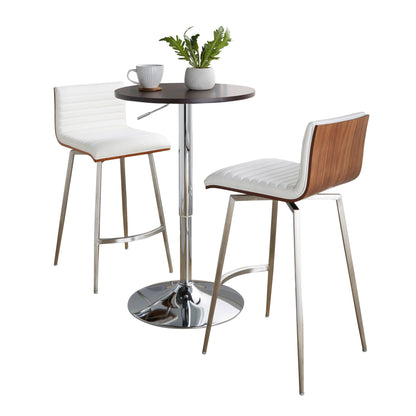 The Mason 3 Piece Swivel Mid Century Modern Counter Height Dining Set features a round dark wood table, two white cushioned bar stools with wooden backs and chrome legs, plus a cup, saucer, and small potted plant on the tabletop.