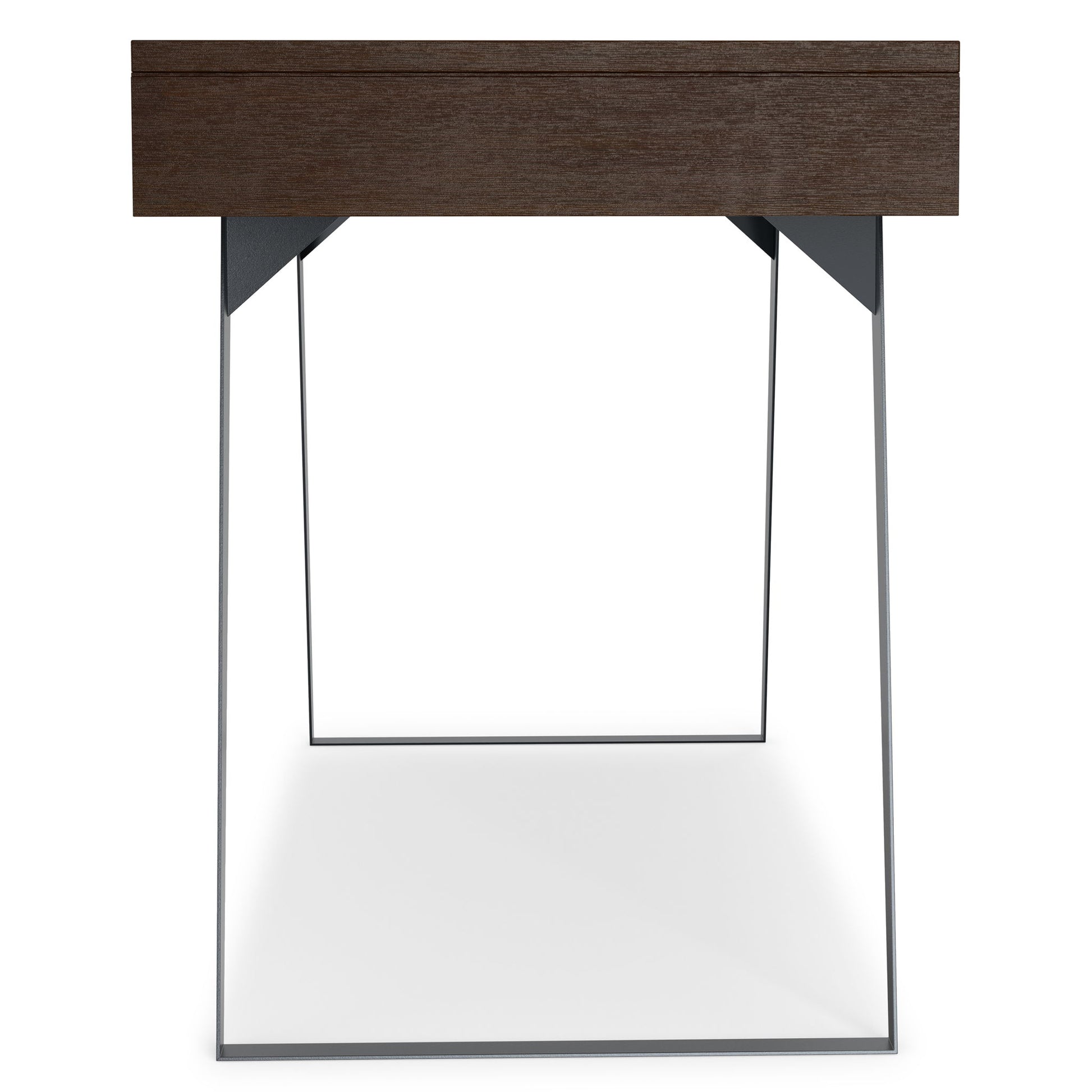 The Lowry - Handcrafted Desk features a dark wooden top and slim, angled metal legs in a minimalist design, shown from the front against a plain white background.