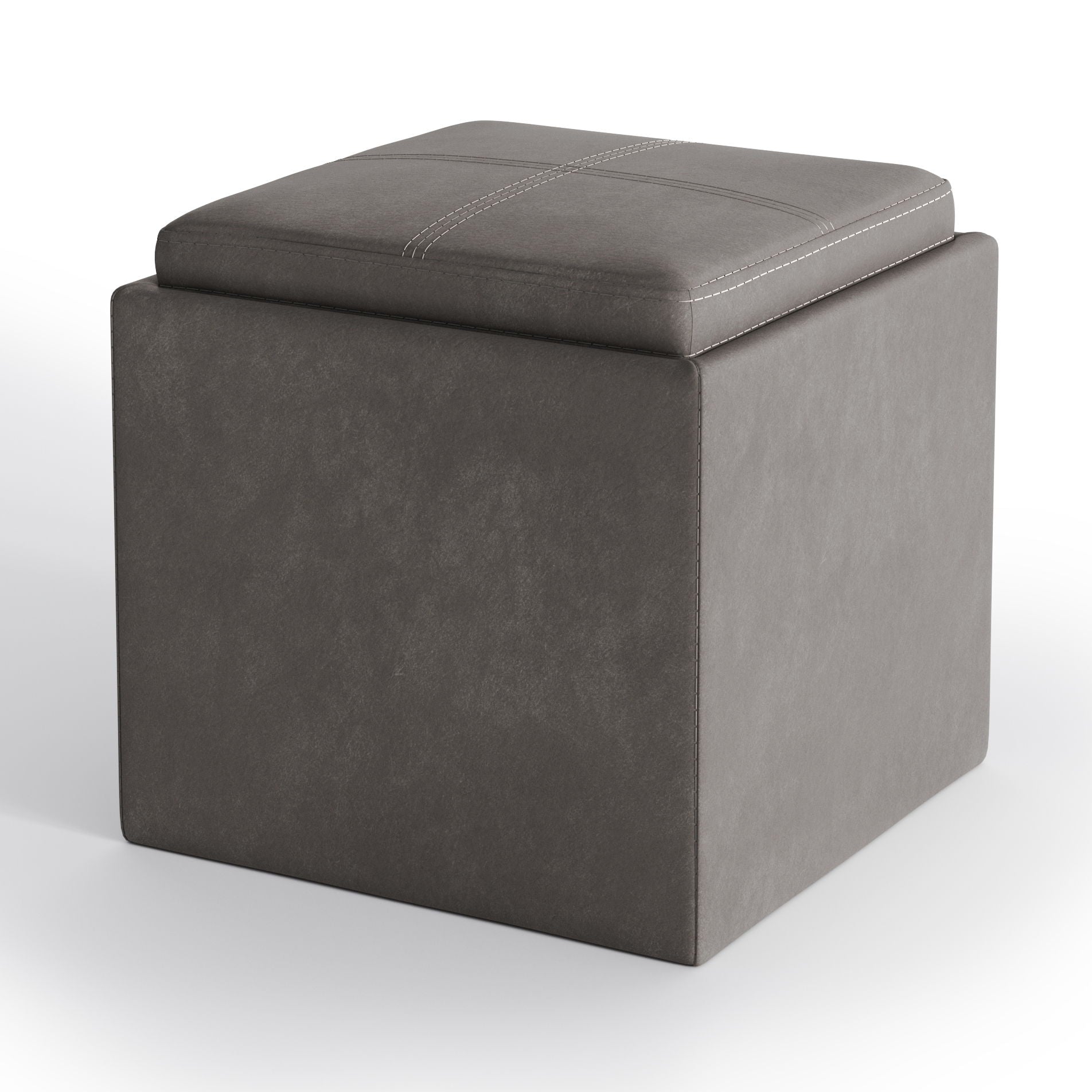 The Rockwood Upholstered Cube Storage Ottoman With Tray is a gray, square ottoman featuring visible stitching on its cushioned top, shown against a white background.
