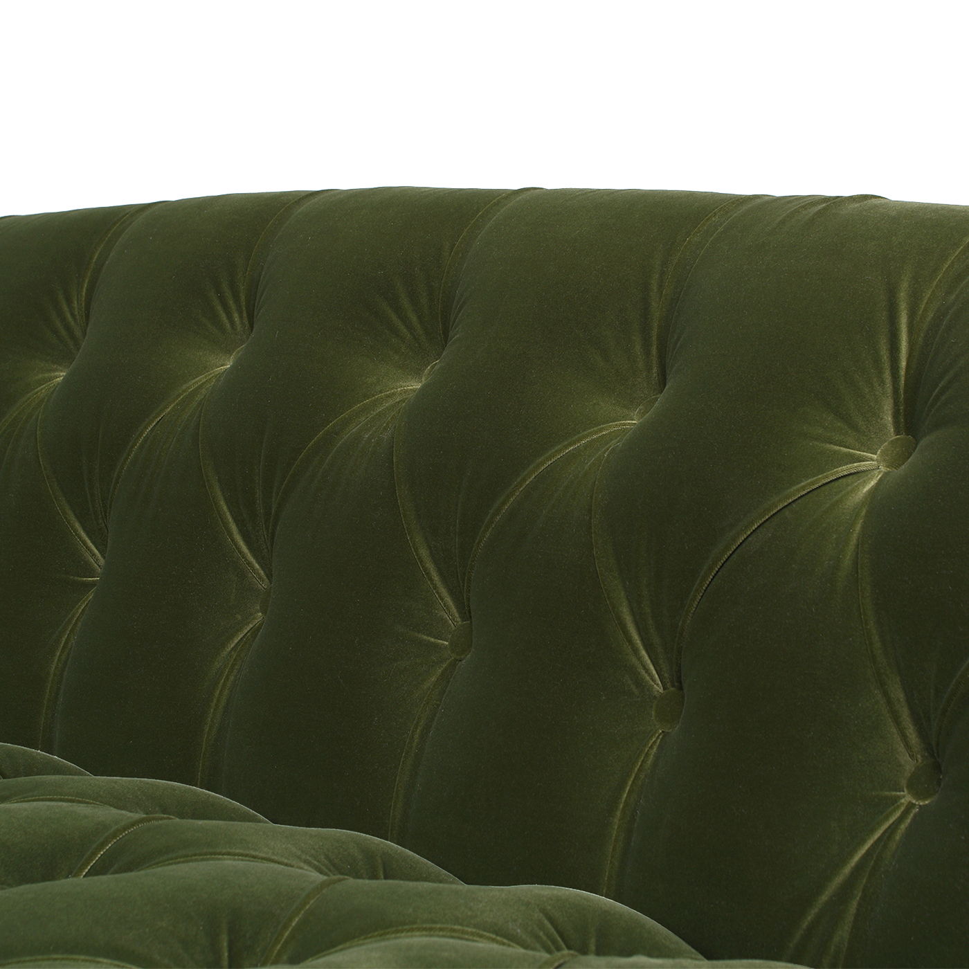 Close-up of the La Rosa - Victorian Chesterfield Tufted Sofa’s plush, dark green velvet backrest with button detailing, set against a plain white background.