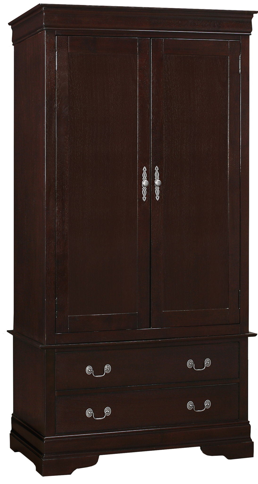 The Elegant Traditional Armoire is a tall, dark wood piece featuring two doors with ornate metal handles and two spacious bottom drawers with matching handles.
