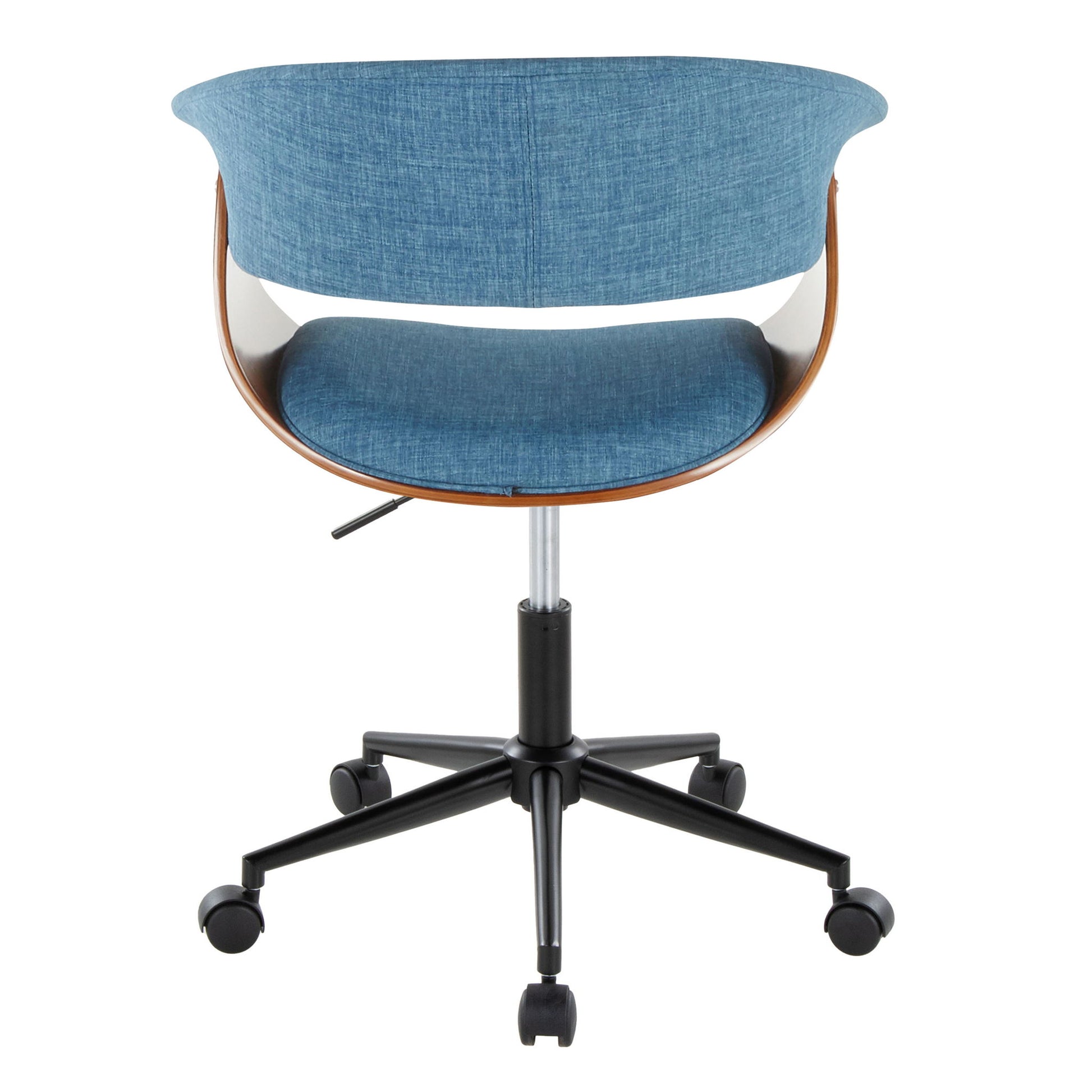 The Vintage Mod - Mid Century Modern Office Chair features a curved wooden backrest, blue cushioned seat and back, and a black wheeled base, shown here from the rear view.
