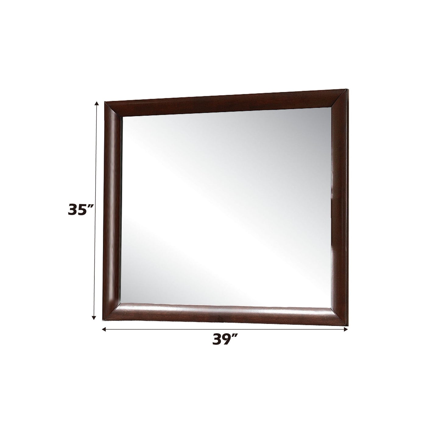 The Ireland - Contemporary Design Mirror, featuring a dark brown wooden frame, is displayed against a plain white background. It measures 39 inches in width and 35 inches in height, highlighted by arrows.