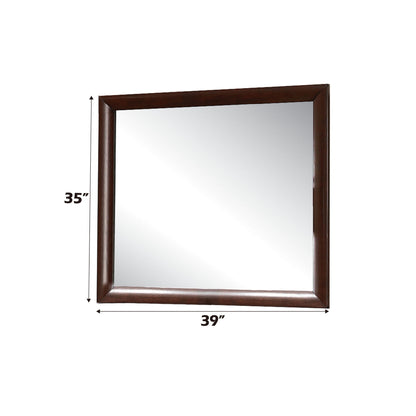 The Ireland - Contemporary Design Mirror, featuring a dark brown wooden frame, is displayed against a plain white background. It measures 39 inches in width and 35 inches in height, highlighted by arrows.