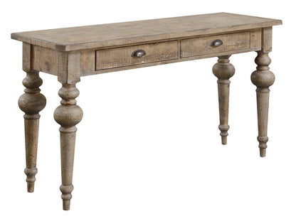 The Ludin - Table is a rustic wooden console with two small drawers with metal handles and four turned legs, shown against a white background.