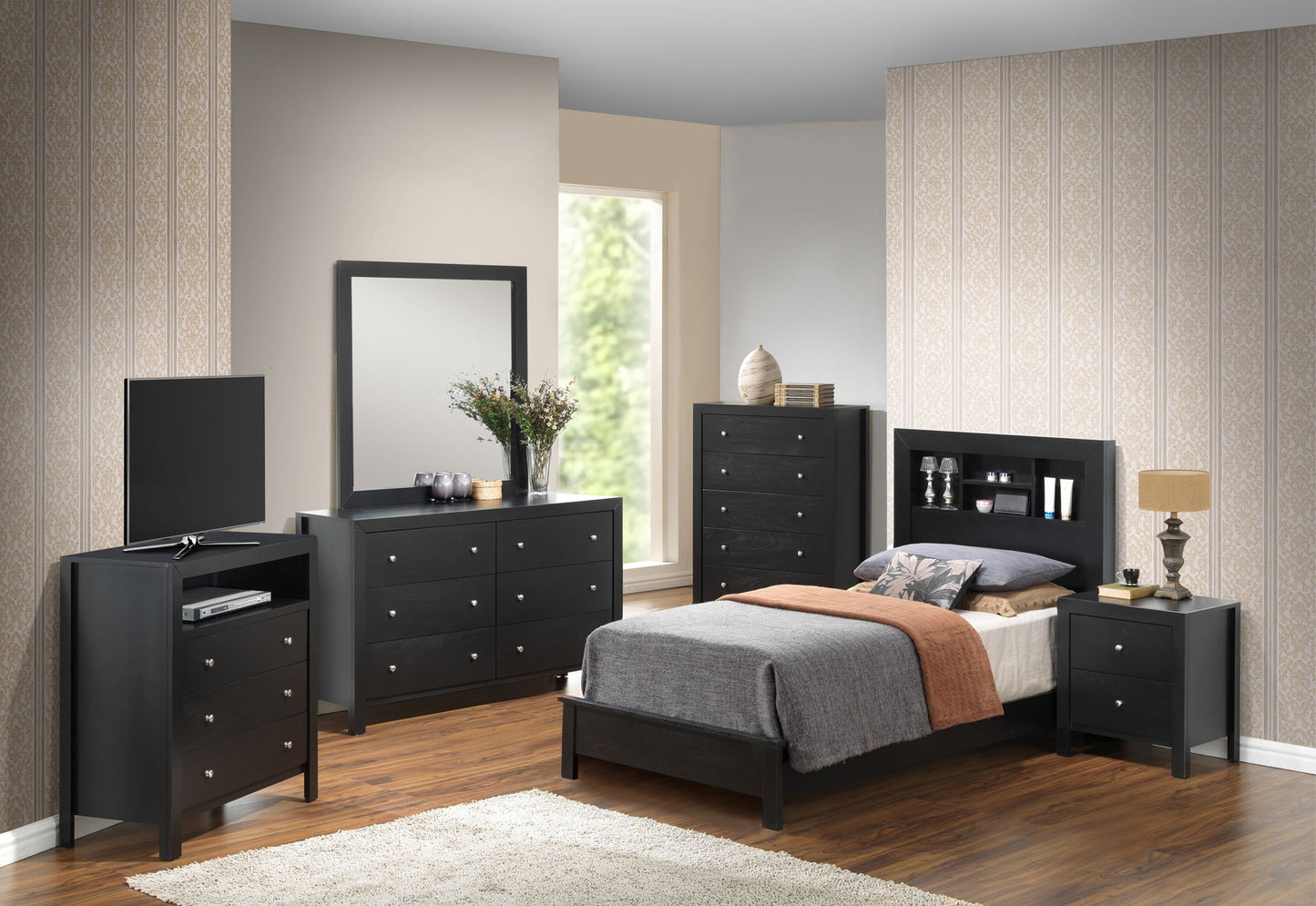 Modern bedroom with a Bed With Transitional Design Stylish, dark wood furniture, dresser with mirror, chest of drawers, TV stand, nightstand, large window, patterned wallpaper, hardwood floors, and a beige rug.