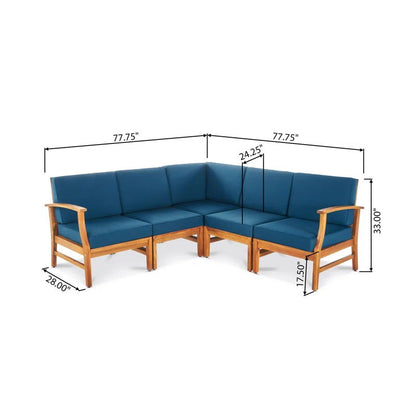 The Perla - 5 Pieces Sofa Set is a wooden frame L-shaped sectional with blue cushions. Each side measures 77.75"W, depth is 28", height is 33", seat height is 17.5", and the corner seat depth measures 24.25".