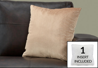 A decorative beige Pillow Square, hypoallergenic and textured, sits on a dark brown leather sofa. An inset displays the white pillow with the text "1 INSERT INCLUDED.