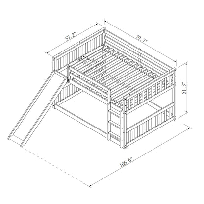 Line drawing of the Bunk Bed With Slide And Ladder, featuring a slide on the left, ladder on the right. Dimensions: 106.6"L (with slide), 57.2"W, 51.3"H, and bed length 79.7".