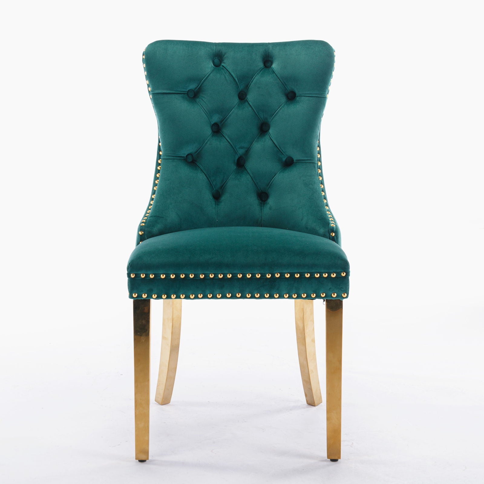 The Nikki dining chair set features modern tufted green velvet upholstery, gold nailhead trim, and golden stainless steel-plated legs, presented against a plain white background.