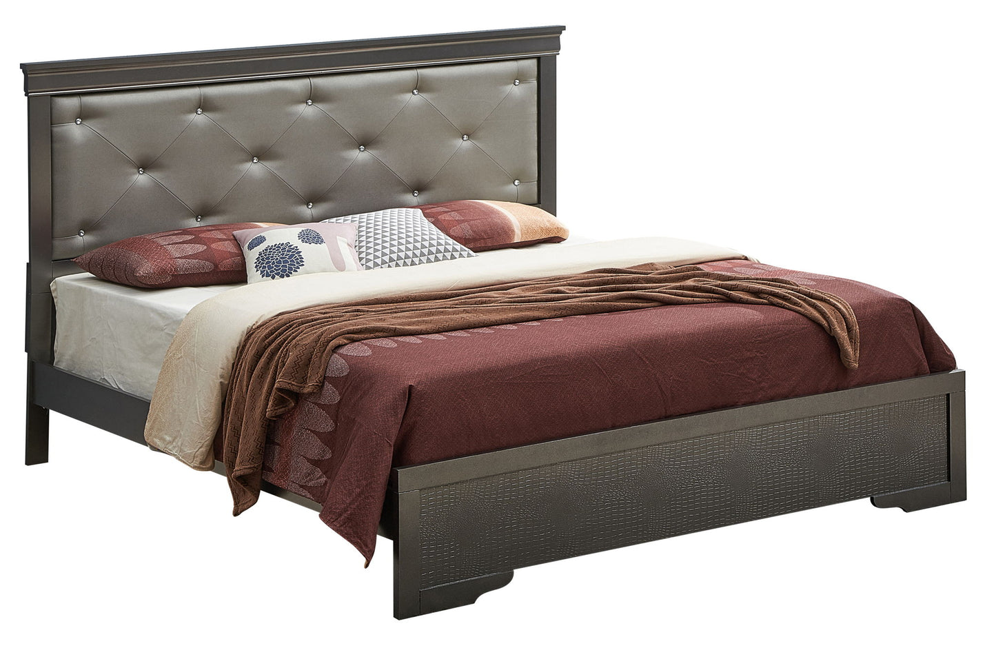 The Chic Elegantly Designed Transitional Bed features a tufted, padded headboard with decorative buttons, styled with patterned pillows, cream and burgundy sheets, and a brown throw blanket at the foot.