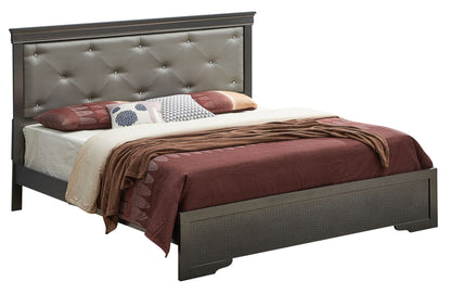 The Chic Elegantly Designed Transitional Bed features a tufted, padded headboard with decorative buttons, styled with patterned pillows, cream and burgundy sheets, and a brown throw blanket at the foot.
