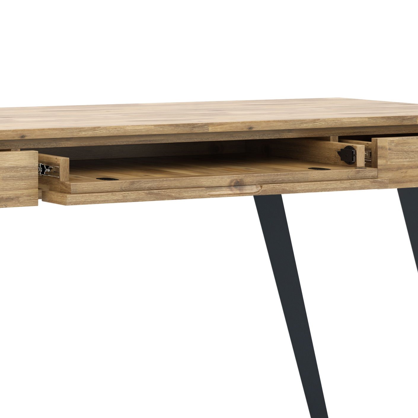 The Lowry - Handcrafted Desk has a wooden top, black metal legs, and a partially open pull-out drawer beneath the surface that reveals storage space.