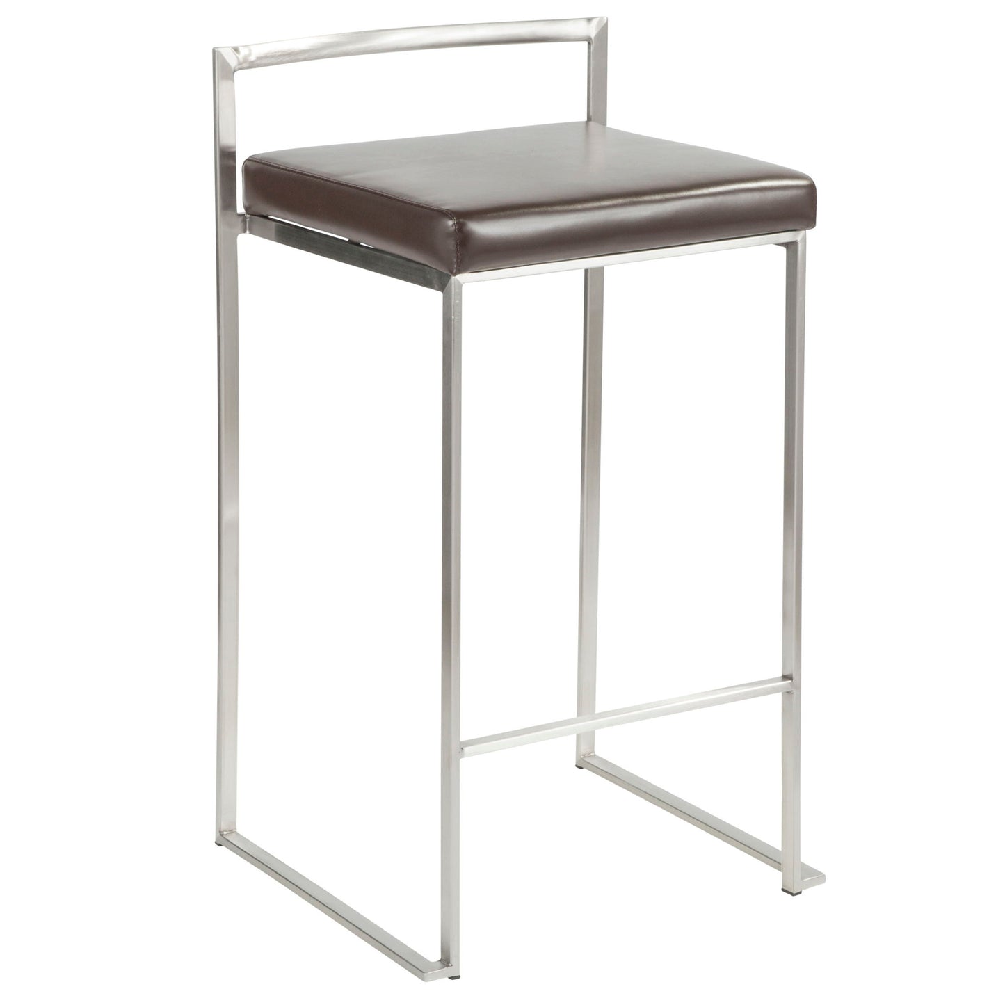 The Fuji Contemporary Stackable Counter Stool (Set of 2) features a square, dark brown cushioned seat and a sleek metal frame with straight legs and a minimalist backrest for an elegant, modern look.