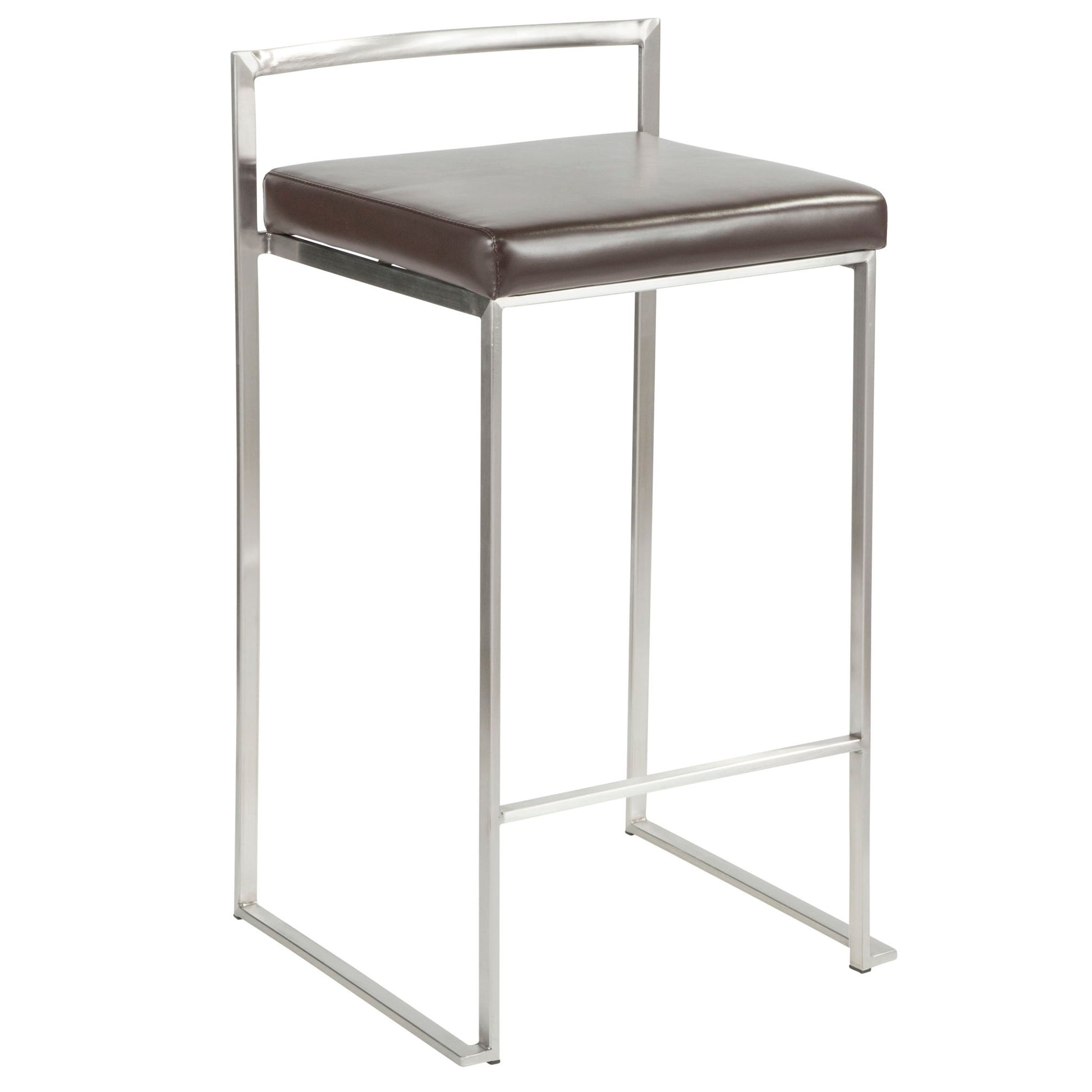 The Fuji Contemporary Stackable Counter Stool (Set of 2) features a square, dark brown cushioned seat and a sleek metal frame with straight legs and a minimalist backrest for an elegant, modern look.